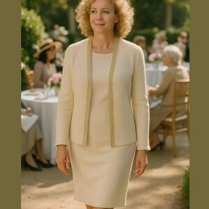 90s 2PC CREAM FITTED SHEATH DRESS & BOUCLE CREAM W BAND TRIM JACKET ANDREA GAYLE